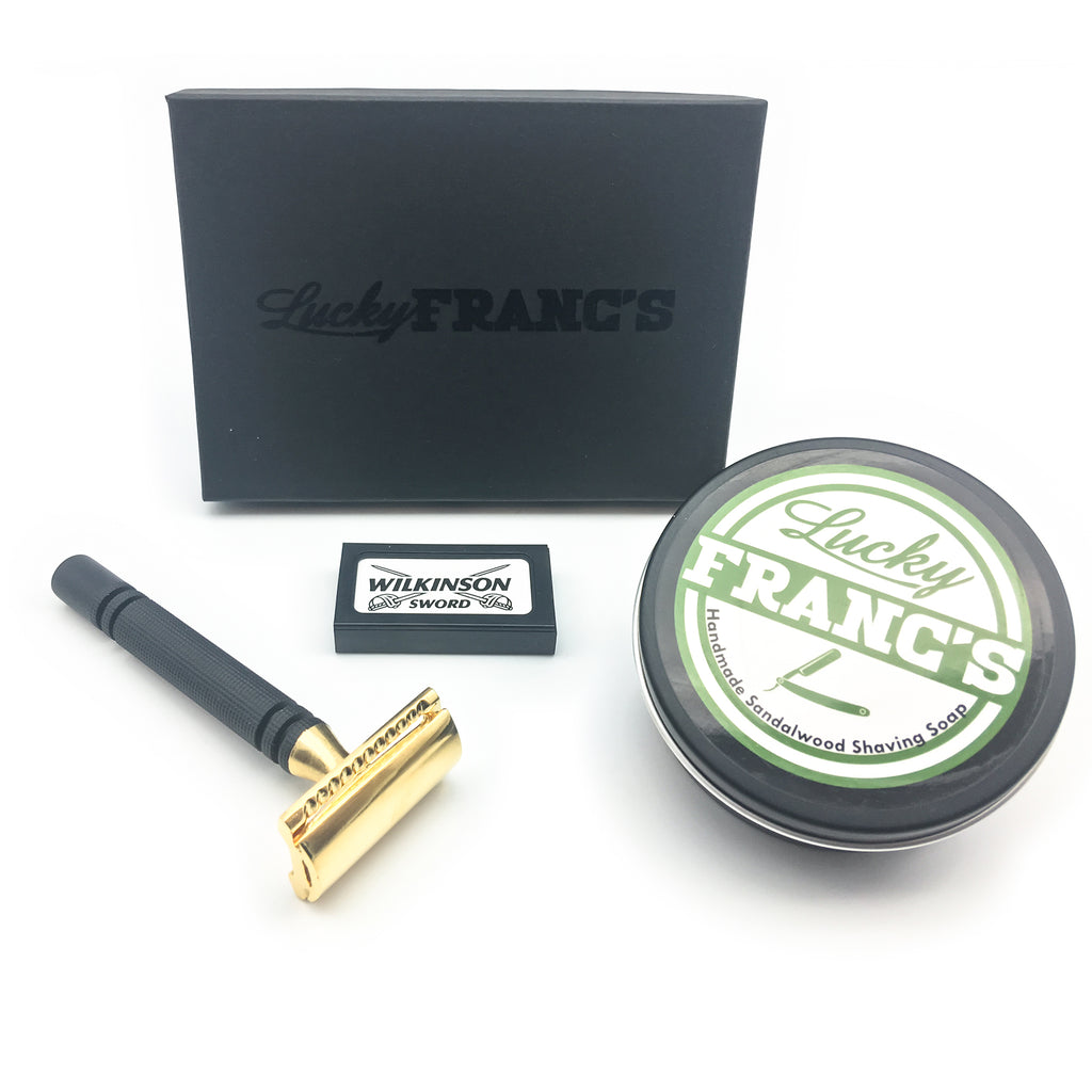 Black & Gold Double Edge Safety Razor with Sandalwood Shave Soap