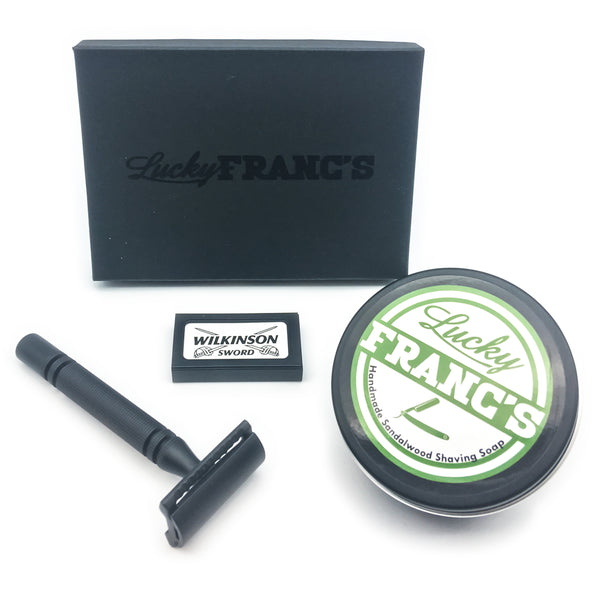 Black Double Edge Safety Razor Set w/ Sandalwood Shave Soap