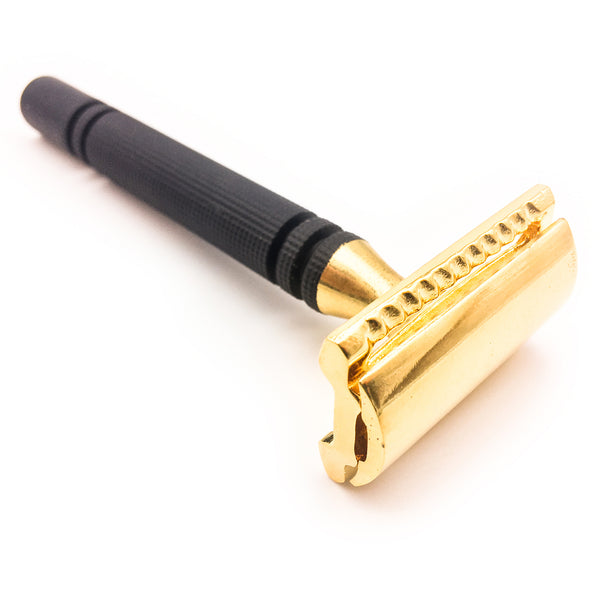 Black & GOLD Double Edge Safety Razor w/5 disposable razor blades for wet shaving.