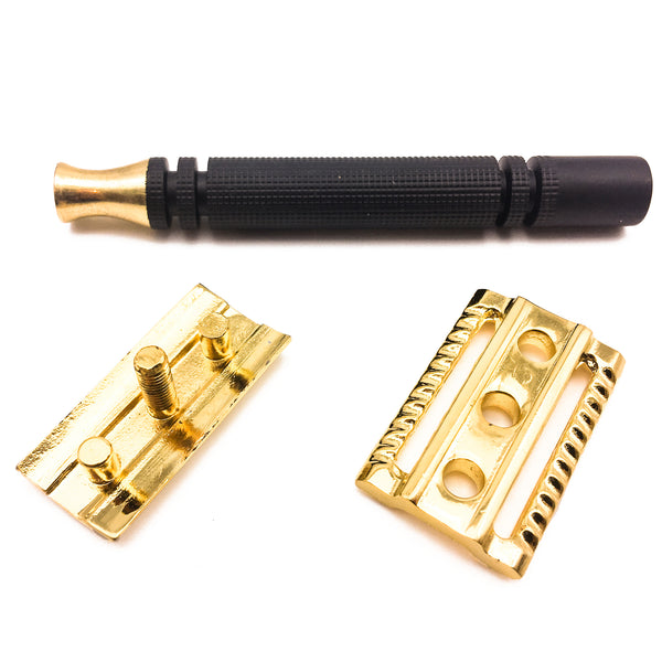 Black & GOLD Double Edge Safety Razor w/5 disposable razor blades for wet shaving.